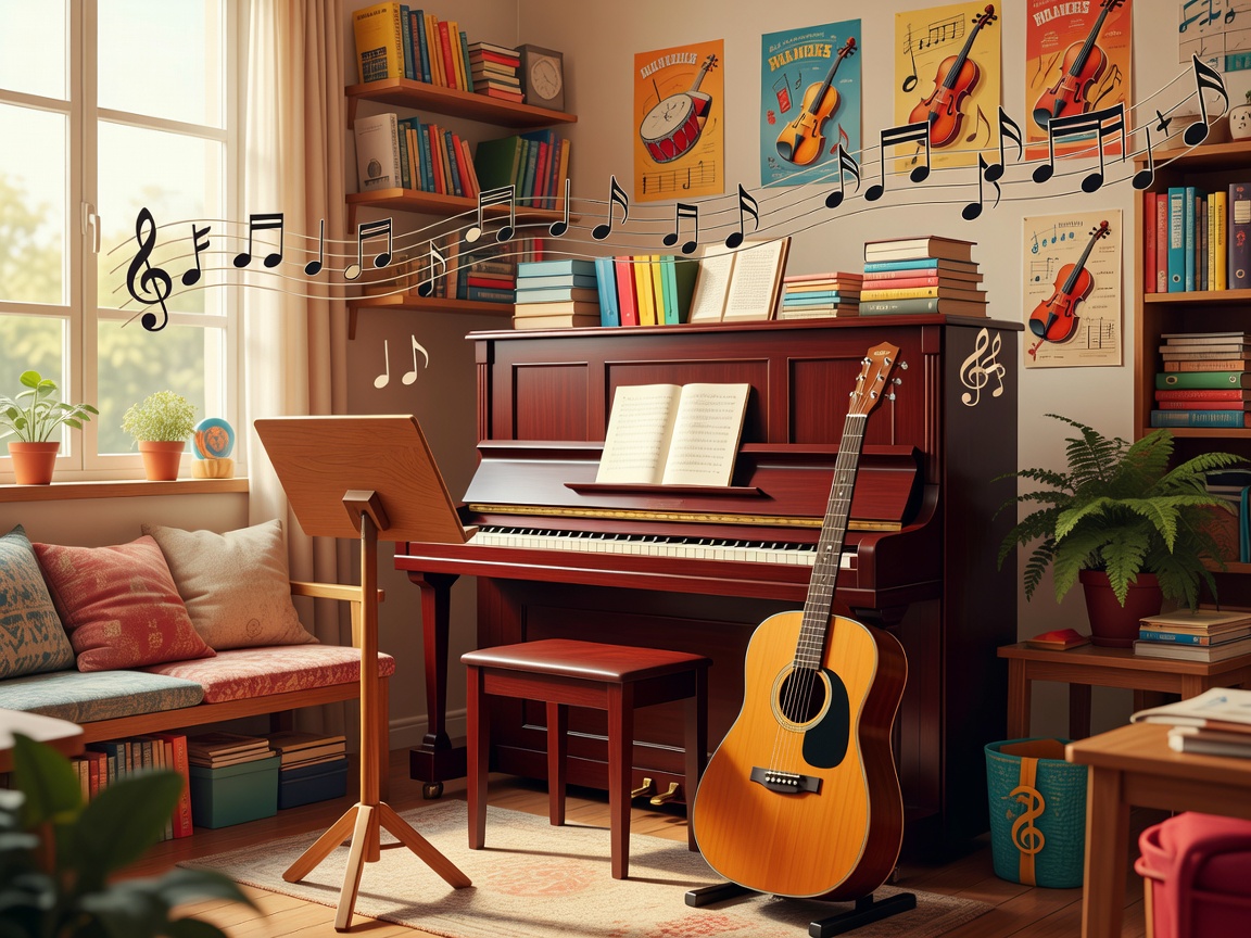 Ilustración de aula musical con piano, guitarra y notas en un entorno acogedor